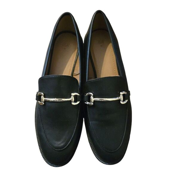 H&M Loafers Size 8/39 Horse Bit Buckle Shoe Black/Gold Preppy Old Money - Picture 1 of 13